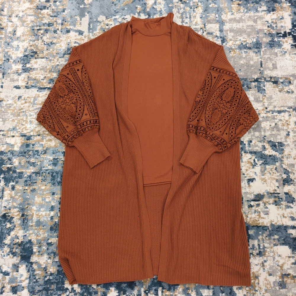 North Style Set- Rust Orange Mock Neck Tank & Open Balloon Sleeve Cardigan - 1X